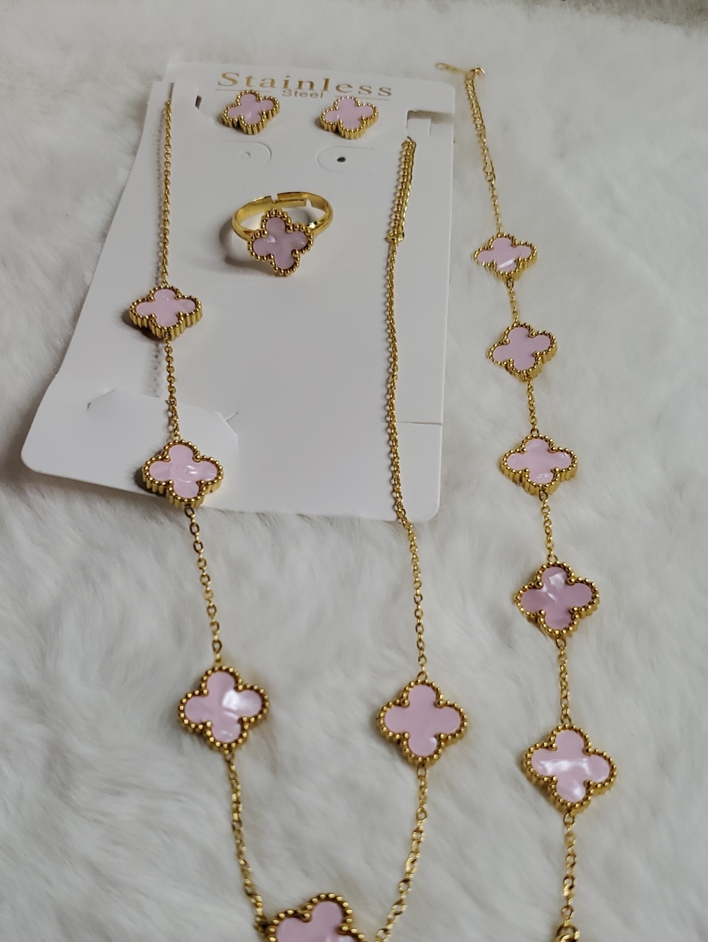 Pink Clover Necklace, Bracelet & Ring Set